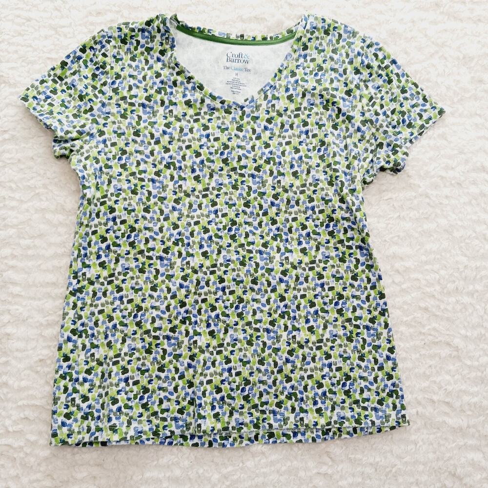 T-Shirt Women Green Blue Artsy Casual Chic Minimalist Relax Cotton Print Size M